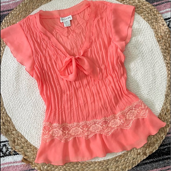 y2k Top Crinkle Chiffon Wrinkle Blouse Flutter Cap Sleeve Ruffles Lace - Picture 3 of 16